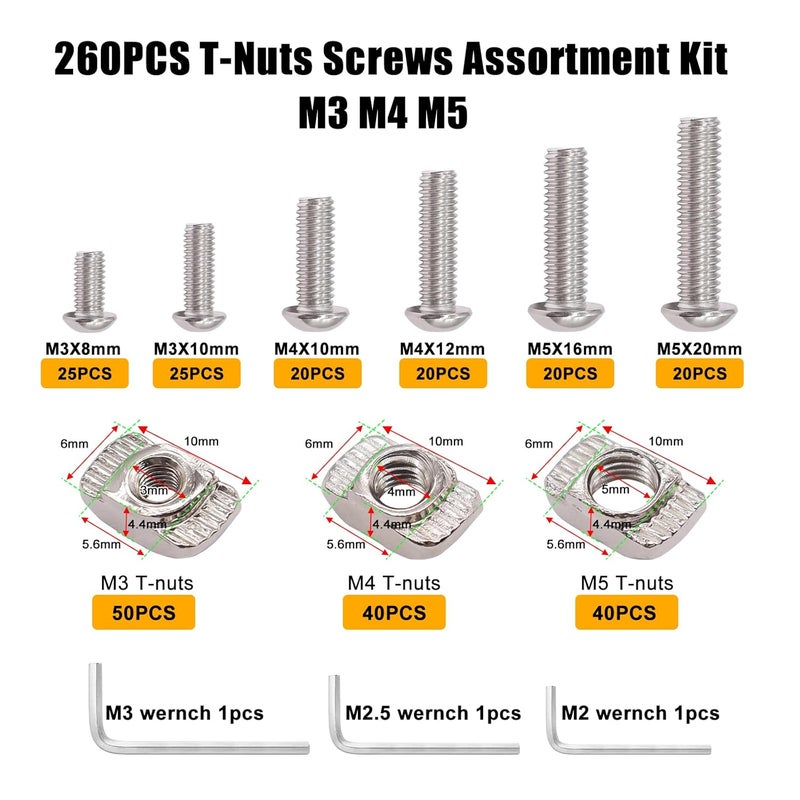 weideer 260PCS M3 M4 M5 T-Nuts Screws Assortment Kit,Nut and Bolt Assortment Sets for M-LOK System and 2020 Series Standard Aluminum - Image 2